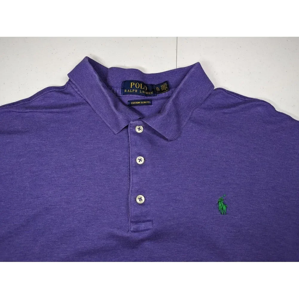 Polo Ralph Lauren Mens XL Custom Slim Fit Purple‎ Shirt Green Logo Short Sleeve
